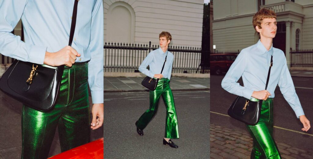 błyszczące spodnie zielone spodnie winylowe spodnie gucci 
